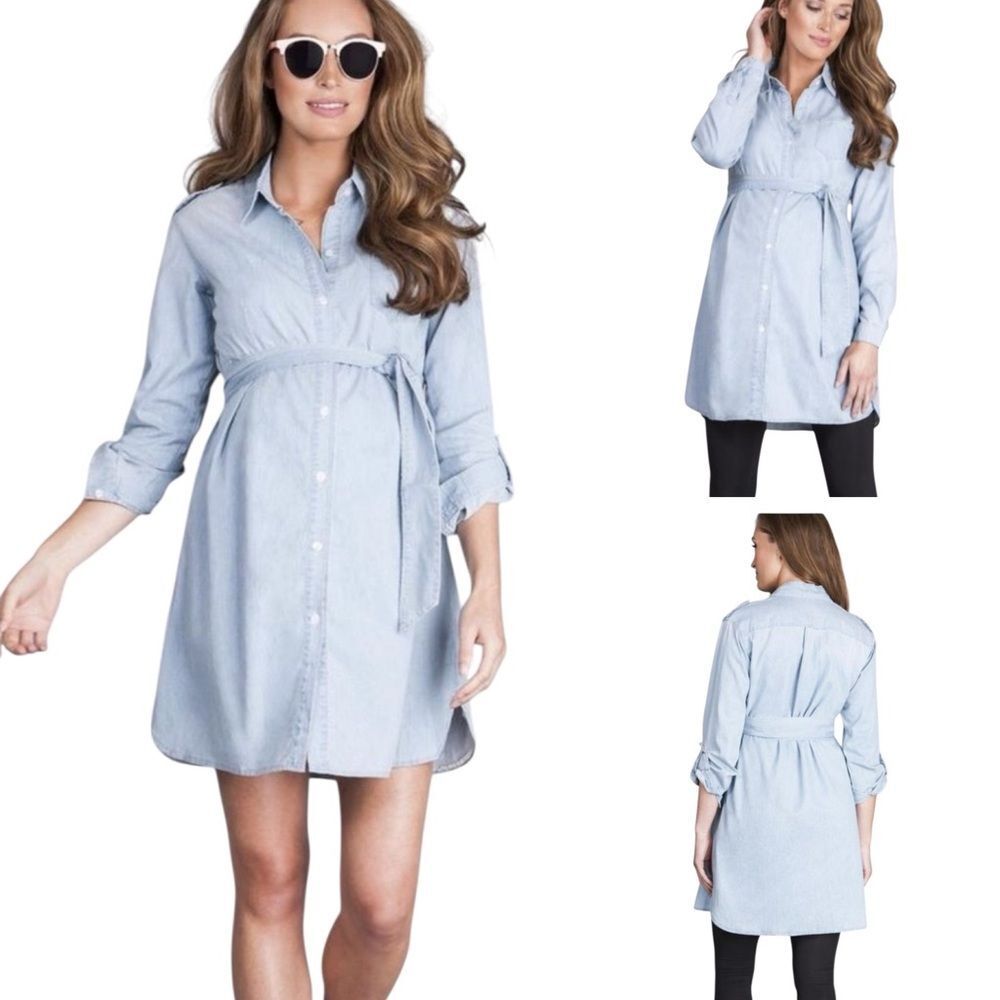 Seraphine Maternity Light Chambray Denim Long Sleeve Shirt Dress Sz 2